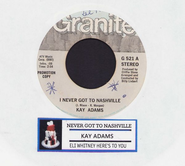 Adams, Kay - I Never Got To Nashville/Eli Whitney Here's To You (RARE Country 2-sider, DJ advance pressing with jukebox label) - EX8/ - 45 rpm Records