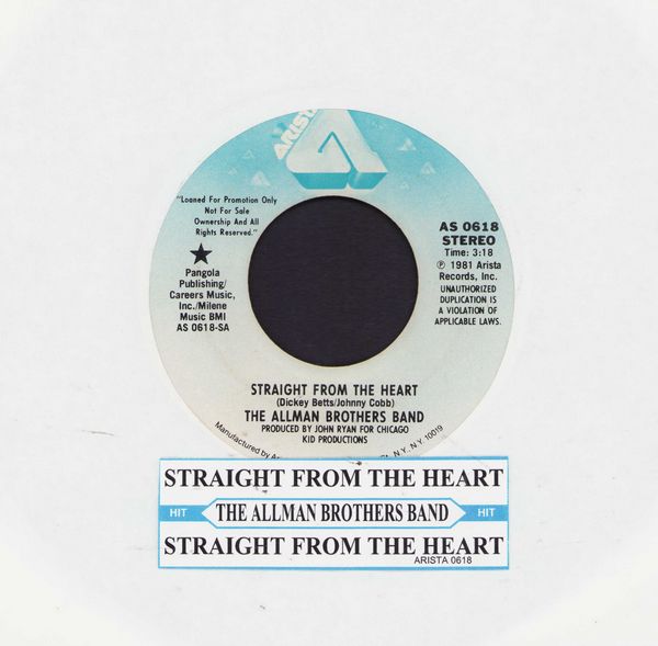 Allman Brothers Band - Straight From The Heart (double-A-sided DJ advance pressing with jukebox label) - NM9/ - 45 rpm Records