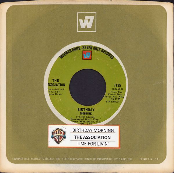 Association - Birthday Morning/Time For Livin' (with juke box label and vintage Warner Brothers company sleeve) - NM9/ - 45 rpm Records