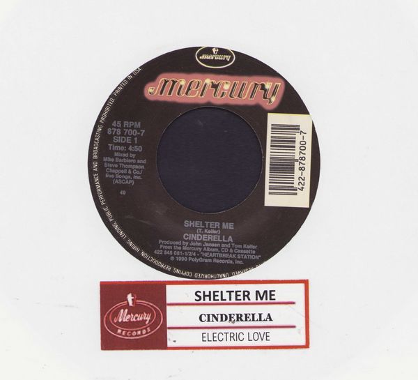 Cinderella - Shelter Me/Elctric Love (with juke box label) - NM9/ - 45 rpm Records
