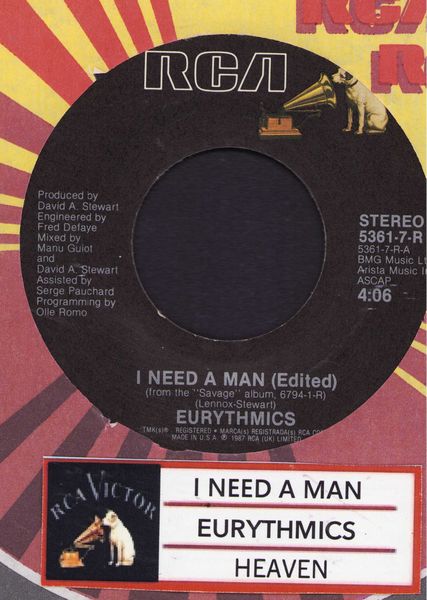 Eurythmics - I Need A Man/Heaven (with jukebox label and RCA company sleeve) - EX8/ - 45 rpm Records