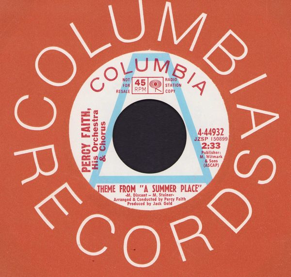 Faith, Percy & His Orchestra & Chorus - Theme From A Summer Place (1# on US Pop Charts for 10 weeks in 1960!)/Hello Tomorrow (DJ advance pressing with jukebox label and Columbia company sleeve) - NM9/ - 45 rpm Records