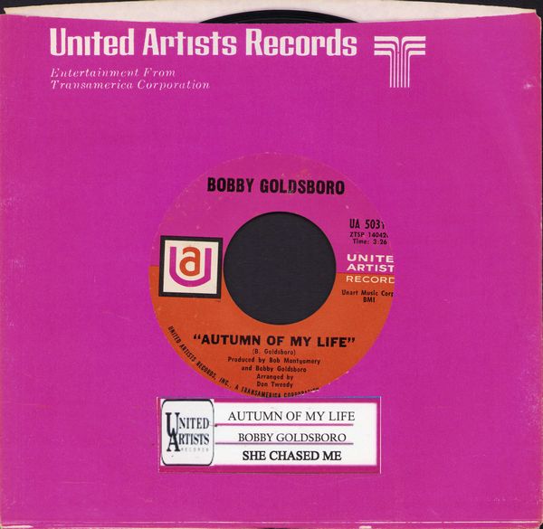 Goldsboro, Bobby - Autumn Of My Life/She Chased Me (with juke box label and United Artists company sleeve) - NM9/ - 45 rpm Records